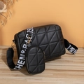 Black quilted crossbody camera bag with adjustable lettered wide strap and mini coin pouch - Black