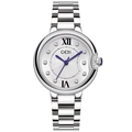 Silver quartz watch for women with white sunray dial and blue hands on steel band - Silver White Dial