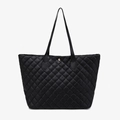 Large black quilted tote bag with diamond pattern and gold button on white background - Black
