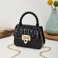 Mini black glossy PVC jelly bag featuring quilted textures and golden chain strap - Black
