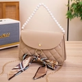 Chic beige quilted small square bag with pearl handle and silk scarf detail - Khaki