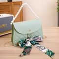 Light green quilted bag with pearl handle and floral silk scarf accessory - Light Green