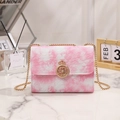 Pink and white marble texture crossbody bag with gold crown buckle and chain strap - Pink