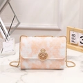 Peach and white cloud embroidery chain crossbody bag with crown buckle and gold strap - Orange