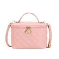 Pink quilted rhombus pattern vanity bag with gold-tone dual zipper and top handle - Standard Size / Pink