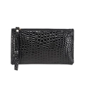 Sleek black crocodile pattern wristlet purse with glossy finish and secure zipper - Black