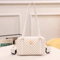 White faux leather crossbody bag with geometric print and striped wide strap - White