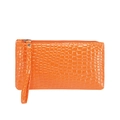 Minimalist orange crocodile pattern clutch purse with zipper closure and wrist strap - Brown