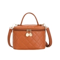 Brown quilted crossbody vanity bag with elegant metal zipper and top handle strap - Small / Brown