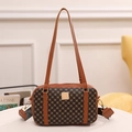 Retro monogram crossbody bag in brown leather with extra wide striped shoulder strap - Brown