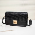 Black woven small square bag with golden lock and wide textile shoulder strap - Black