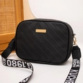 Stylish black embossed camera bag with wide letter-print adjustable crossbody strap - Coffee