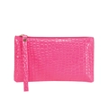 Pink faux leather clutch bag with glossy crocodile texture and matching wristlet strap - Rose Red