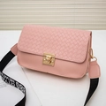 Pink crossbody square bag with woven flap, gold hardware and branded wide fabric strap - Pink