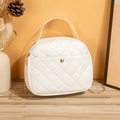 White quilted crossbody shell bag with golden metal buckle and chain shoulder strap - White