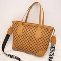 Borsa tote kaki con motivi vintage neri e tracolla a righe rimovibile di tendenza - Marrone