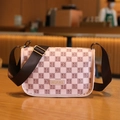 Pink and white checkered crossbody camera bag with wide strap and golden HORHE logo plate - Pink