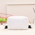 Fashionable white rhinestone crossbody camera bag with wide black shoulder strap and gold hardware - White