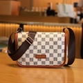 Beige monogram shoulder bag with brown strap and HORE lettering print pattern - White