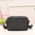 Fashionable black crossbody bag with silver rhinestones and wide fabric shoulder strap - Black