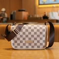 Brown checkerboard crossbody bag with golden Horhe logo and wide fabric strap - Khaki