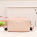 Pink rhinestone studded crossbody bag with wide canvas strap and velvet finish - Pink
