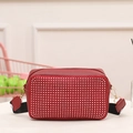 Red rhinestone camera bag with silver crystals and black adjustable wide shoulder strap - Red