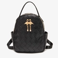 Black woven leather mini backpack featuring a gold flamingo heart clasp and charms - Black