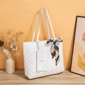 White quilted faux leather tote bag set with small pouch and decorative silk scarf - White