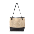 Minimalistische beige gewebte Tragetasche mit schwarzem Lederboden und Henkeln - Schwarz