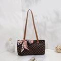 Vintage brown geometric pattern tote bag with decorative pink floral scarf handle - Coffee