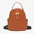 Brown woven texture lady backpack with diamond lattice and flamingo metal pendant - Brown