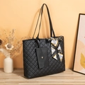 Black quilted tote bag with a matching small pouch and an elegant decorative silk scarf - Black