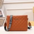 Brown faux leather crossbody bag with diamond quilting and stylish wide fabric strap - Brown