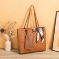 Brown quilted tote bag with a matching mini pouch and decorative silk scarf - Brown