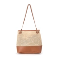 Beige woven large capacity tote bag with brown PU leather straps and metal rings - Brown