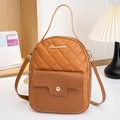Women's quilted brown leather backpack with golden metal logo and mini top handle design - Yellow