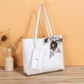 White heart-quilted tote bag with small matching pouch and decorative printed scarf - White