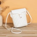 Vertical white quilted crossbody phone bag with golden rectangle twist-lock closure - White