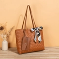 Brown heart-quilted tote bag with decorative silk scarf and matching zip pouch charm - Brown