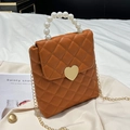 Brown quilted mini square bag with pearl handle and golden heart lock detail - Brown