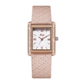 Dettaglio dell'orologio quadrato Gedi oro rosa con cinturino in pelle trapuntata rosa - Cassa Oro Rosa Quadrante Bianco Cinturino Albicocca