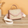 Handgewebte Strohtasche mit rosa Lederbesatz und breitem abnehmbarem Schultergurt - Rosa