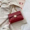 Quilted red PU leather shoulder bag with gold hexagonal lock and fine chain strap - Red