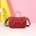 Red quilted mini satchel bag with retro gold buckles and graffiti wide strap - Red