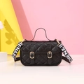 Black quilted crossbody bag with golden buckles and stylish wide lettered strap - Black
