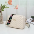 Beige quilted crossbody camera bag featuring a colorful LOVE embroidered wide strap - White