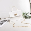 White crocodile pattern mini handbag with pearl handle and golden chain strap - White