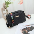 Black quilted camera bag with wave pattern and wide colorful LOVE letter shoulder strap - Black