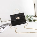 Mini black crocodile pattern square bag with pearl handle and golden chain strap - Black
